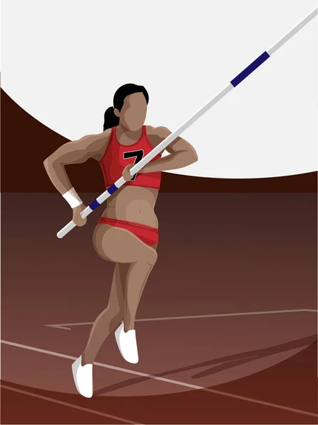 Atleta Mujer Corriendo Con Bóveda Poste Sobre Fondo Marrón Blanco — Vector de stock