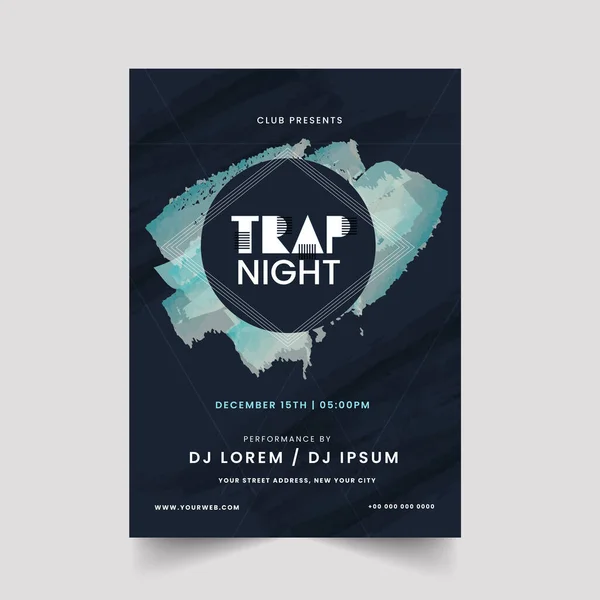 Trap Night Party Flyer Design Mit Pinselstrich Effekt Blauer Farbe — Stockvektor