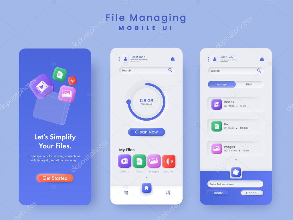 File Managing Mobile Ui Splash Screens Template Layout In Blue And White Color.
