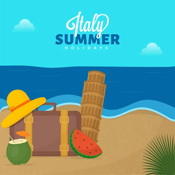 意大利暑假海报设计与女性帽子 手提箱 西瓜片 椰子饮料和比萨塔的海滨背景 — 图库矢量图片