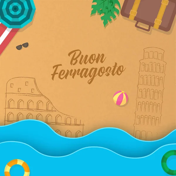 Buon Ferragosto Yazı Tipi Talya Anıtı Plaj Manzarası Kağıt Kesiği — Stok Vektör