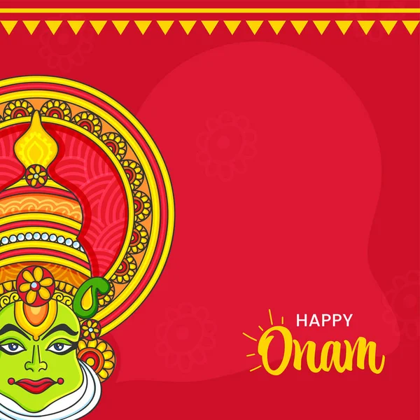 Happy Onam Festival Concept Con Kathakali Faccia Ballerina Sfondo Rosso — Vettoriale Stock