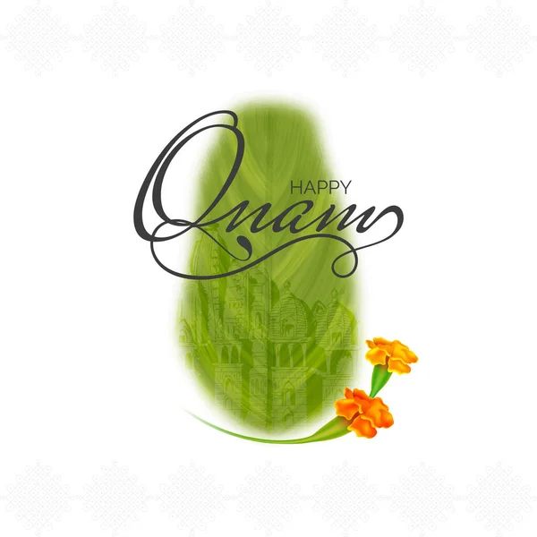 Happy Onam Lettertype Met Realistische Goudsbloem Witte Groene Bananenblad Achtergrond — Stockvector