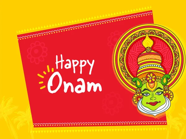 Szczęśliwy Onam Celebration Concept Kathakali Tancerz Twarz Czerwonym Żółtym Tle — Wektor stockowy