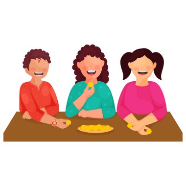 Neşeli genç oğlan ve kızlar beyaz arka planda tatlı toplar yiyor..