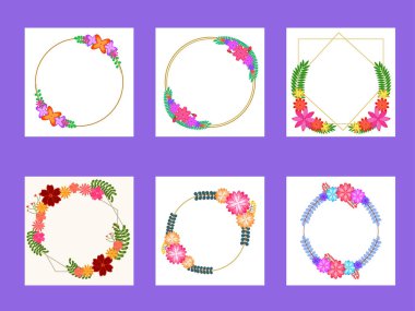 Beyaz arkaplanda kopyalama alanı olan altı tip Geometrik Çiçek Çerçevesi.