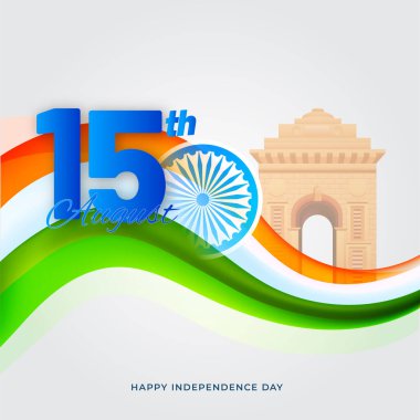 15 Ağustos 'ta Ashoka Çarkıfeleği, Hindistan Kapı Anıtı ve Gri Arkaplanda Üç Renkli Dalga.