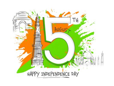 15 Ağustos 'ta Beyaz Arkaplan Üzerinde Ünlü Hint Anıtı, Safran ve Yeşil Fırça Efekti Çizimi Yazısı.