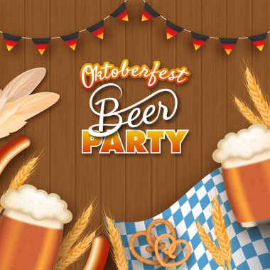 Bira Partisi Davetiyesi, Gerçek Oktoberfest Festivali Elementleri ve Kahverengi Ahşap Arkaplanda Bavyera Bayrağı.