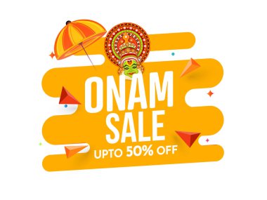 Onam Satılık Poster Tasarımı için% 50 indirimli Kathakali Dansçı Yüzlü, Maveli Şemsiye Çizimi.