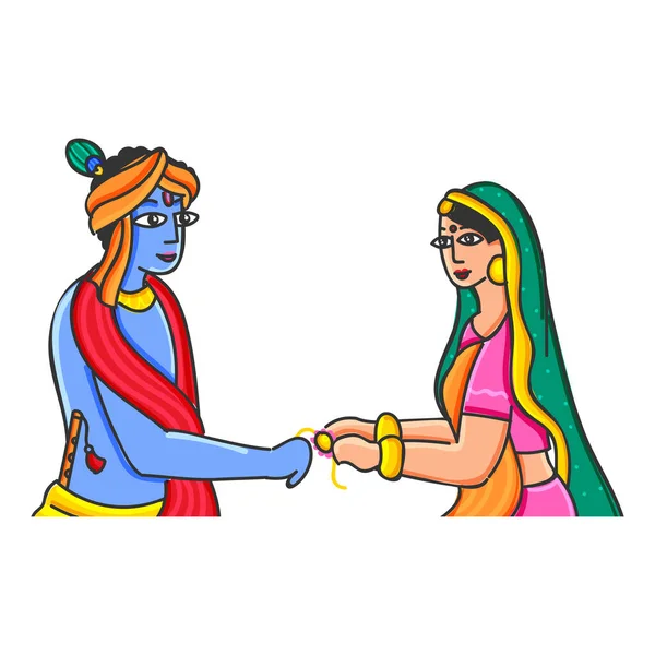 Mujer Joven India Subhadra Atando Rakhi Señor Krishna Sobre Fondo — Archivo Imágenes Vectoriales