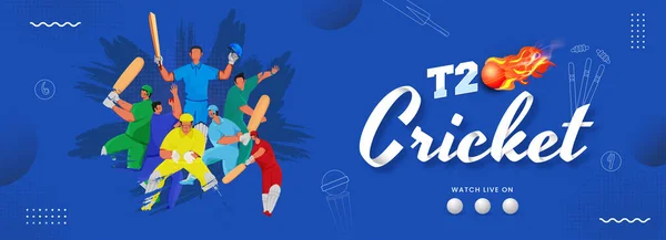 T20 Cricket Banner Design Cabeçalho Com Jogadores Críquete Fundo Azul —  Vetores de Stock