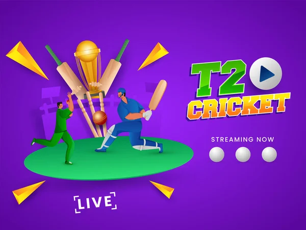 T20 Cricket Streaming Теперь Концепция Игроками Крикет Golden Trophy Cup — стоковый вектор