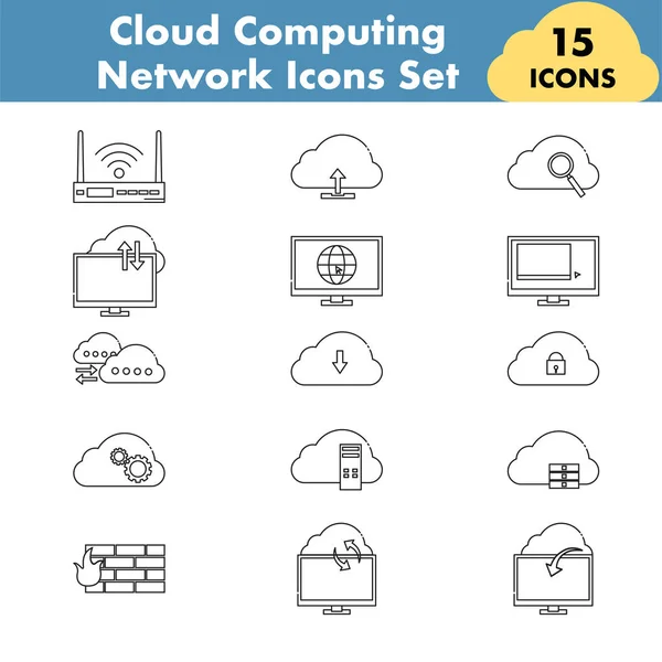 Black Line Art Set Cloud Computing Network Icon Flat Style - Stok Vektor