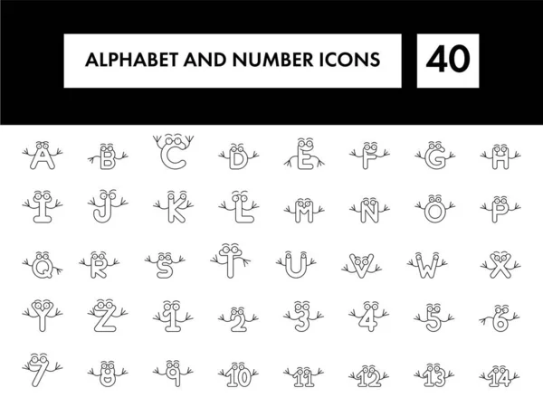 Serie Cartoni Animati Divertente Alfabeto Numeri Icona Sottile Linea Art — Vettoriale Stock