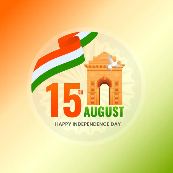 Augusti Självständighetsdagen Koncept Med Indien Gate Dove Flying Tricolor Ribbon — Stock vektor