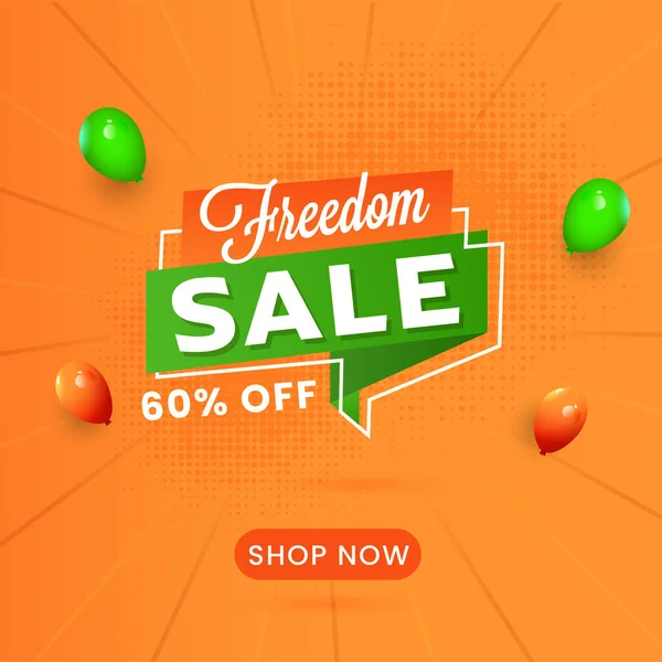 Frihet Försäljning Affisch Design Med Rabatterbjudande Och Glansig Ballonger Orange — Stock vektor