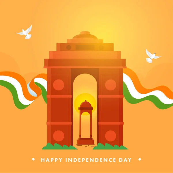 Happy Independence Day Concept India Gate Canopy Monument Tricolor Ribbon — Stock Vector