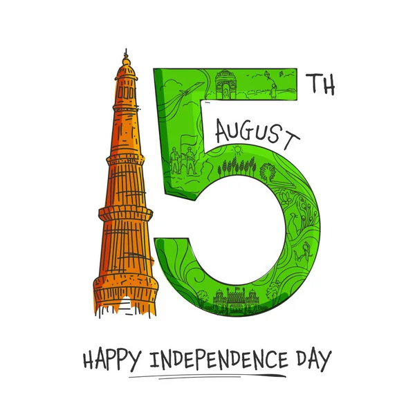 Doodle Style Серпня Текст Qutub Minar Monument White Background Happy — стоковий вектор