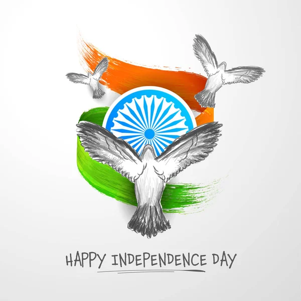 Happy Independence Day Concept Met Scribble Art Doves Ashoka Wheel — Stockvector