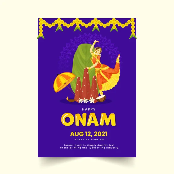 Glad Onam Fira Flyer Med Kvinnlig Klassisk Dansare Och Festival — Stock vektor