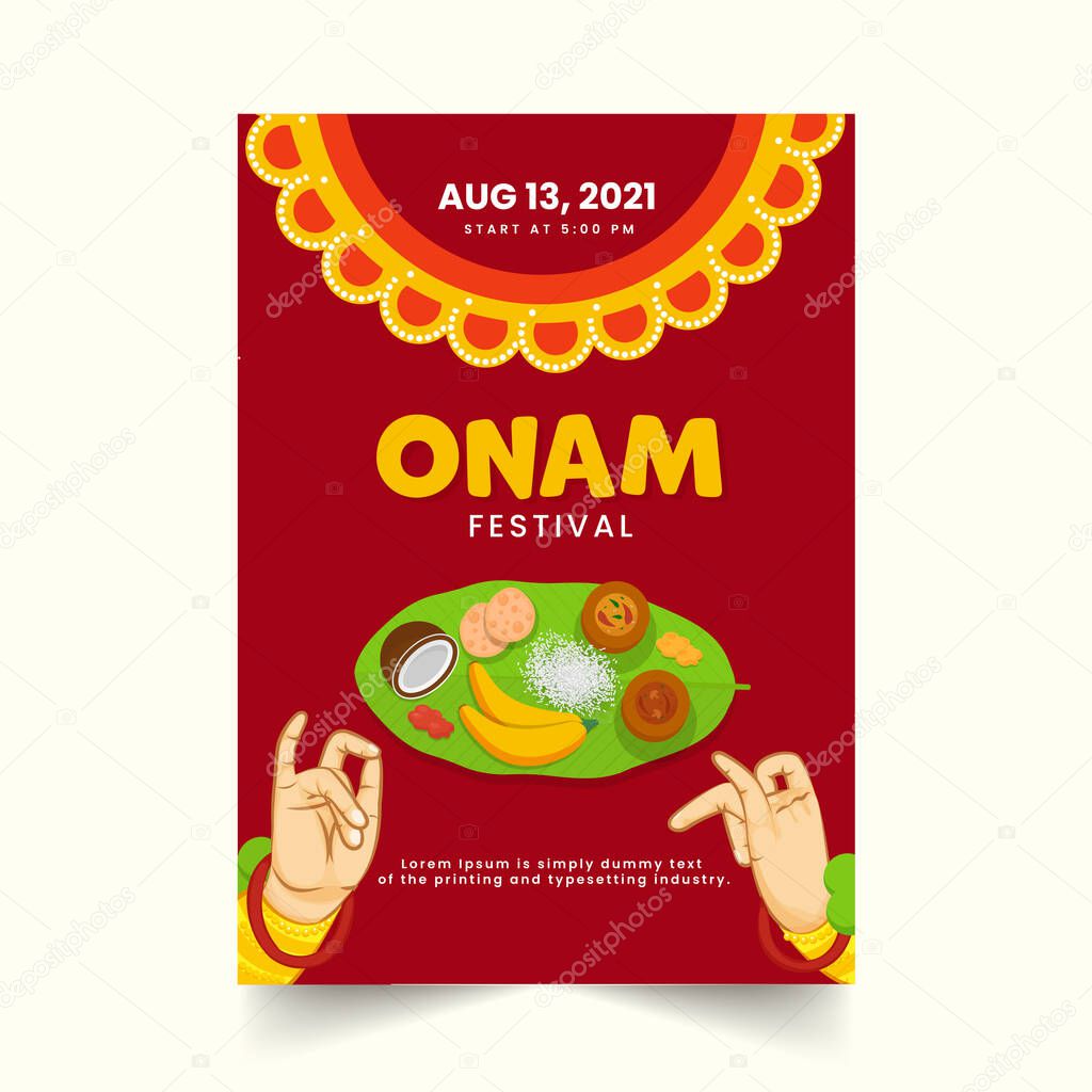 Onam Festival Invitation Or Flyer Design With Sadhya Food And Kathakali Hand Gestures In Red Color.