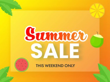 Hindistan cevizi içeceği, meyve suyu, tropikal yapraklar ve turuncu arka planla birlikte yaz indirimi poster tasarımı..