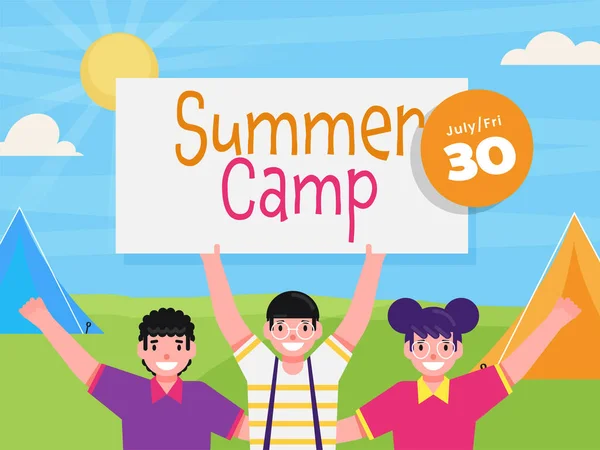 Enthousiaste Enfants Holding Board Summer Camp Sunshine Nature Contexte Peut — Image vectorielle