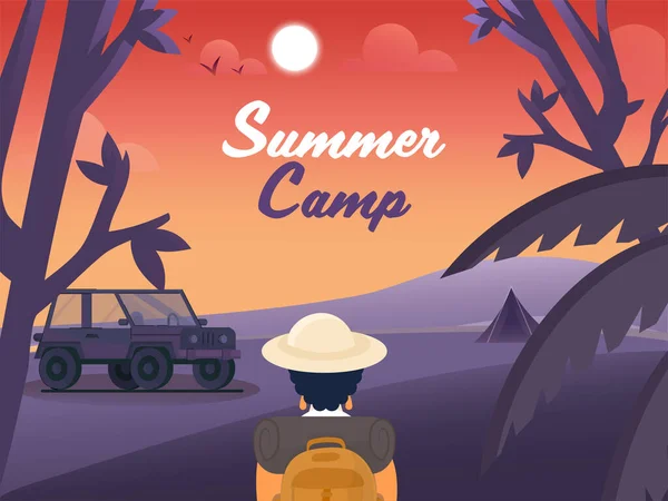 Concept Camp Été Avec Vue Arrière Touriste Féminin Coucher Soleil — Image vectorielle