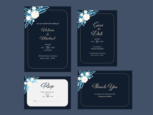 Floral Casamento Convite Suite Template Layout Ardósia Fundo Cinza —  Vetores de Stock