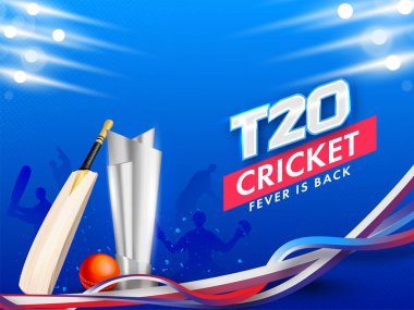 T20 Cricket Fever is Back Concept with 3D Silver Trophy Award, Bat, Red Ball and Abstract Waves on Blue Light Effect.