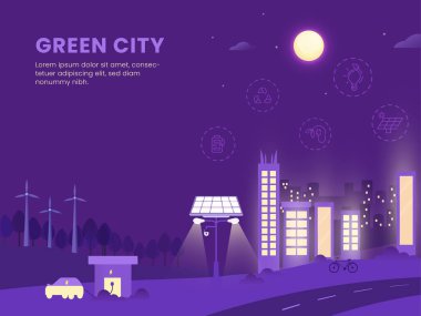 Yeşil Şehir Temelli Poster Tasarımı Binalar, Güneş Sokağı Işığı ve Mor Dolunay Arkaplanındaki Araba Şarj İstasyonu.