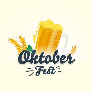 Oktoberfest Yazı Tipi Bira Fincanı, Buğday Kulağı ve Pastel Sarılı Yaprak Yaprağı.