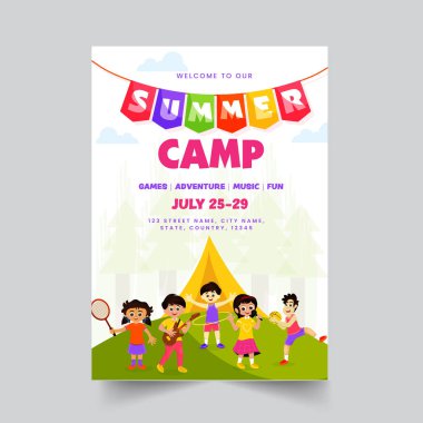 Yaz Kampı Şablonu Birlikte eğlenen çocukların tasarımı ve mekan detayları.