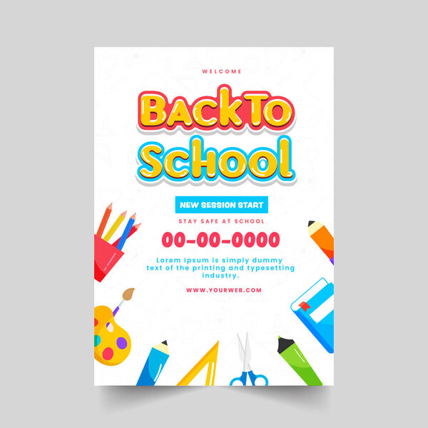 Back To School Brochure Template Layout With Supplies Elements On White Background.