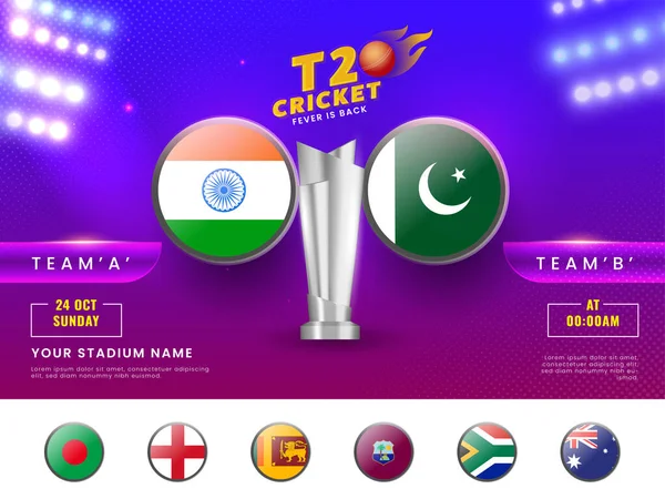 T20クリケット フィーバーがチーム インディア対パキスタン パープルとブルー スタジアム ライトで銀メダル獲得トロフィーでコンセプトに戻る — ストックベクタ