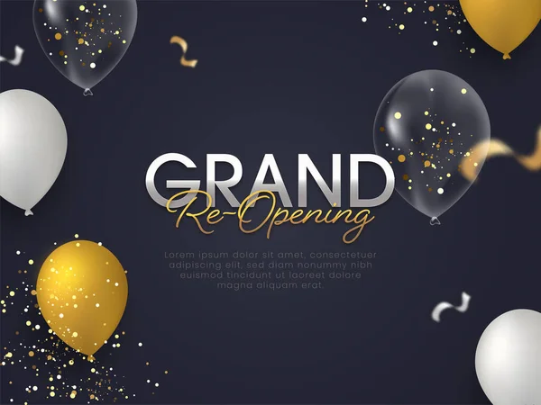 Grand Opening Poster Design Decorated Glossy Balloons Golden Particles Dark — Stock Vector