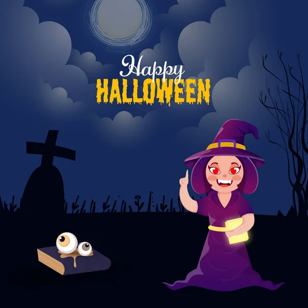 Ευτυχισμένο Απόκριες Celebration Concept Cartoon Witch Χαρακτήρας Στην Πανσέληνο Νεκροταφείο — Διανυσματικό Αρχείο