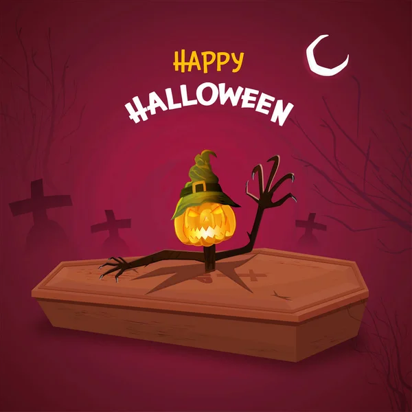 Happy Halloween Celebration Background Jack Lantern Wear Witch Hat Coffin — стоковий вектор