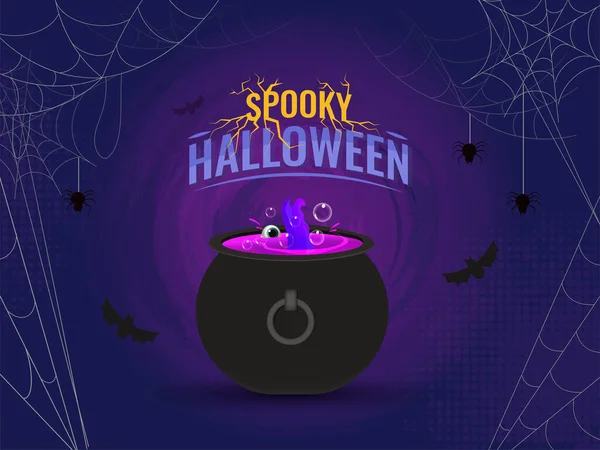 Spookachtige Halloween Achtergrond Met Spinnenweb Vleermuizen Vliegen Magische Ketel Illustratie — Stockvector