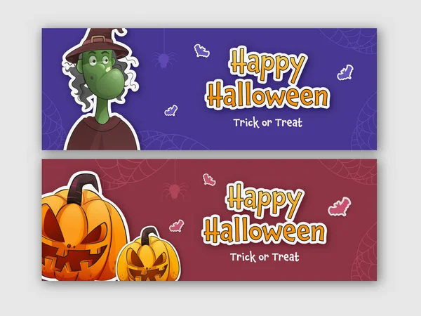 Happy Halloween Banner Header Design Met Jack Lantaarns Heksenfiguur Twee — Stockvector