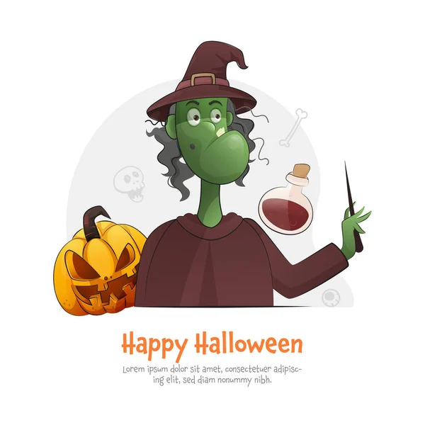 Happy Halloween Concept Cartoon Witch Holding Magic Wand Jack Lantern — Stock Vector