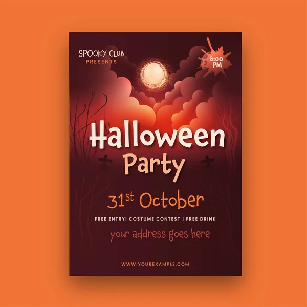 Halloween Party Leták Design Detaily Události Úplňku Tmavě Červené Pozadí — Stockový vektor
