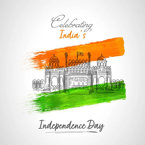 Celebrating India Independence Day Concept Sketching Red Fort Saffron Green — Stock Vector