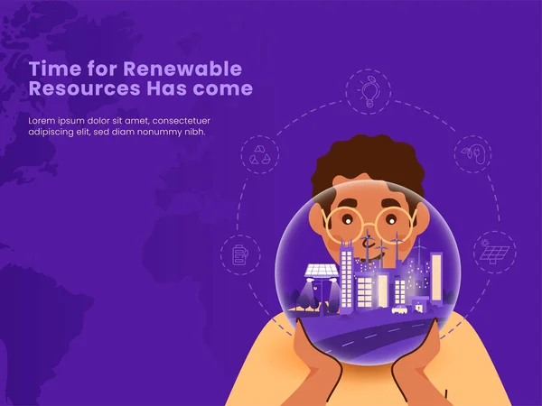 若い男と再生可能エネルギー資源の概念紫の背景にエコシティグローブを保持 — ストックベクタ