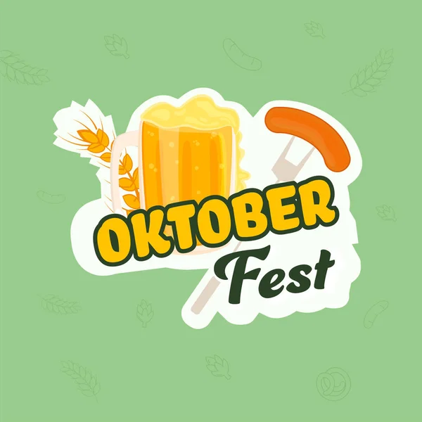 Texto Del Oktoberfest Con Taza Cerveza Oreja Trigo Tenedor Salchicha — Vector de stock