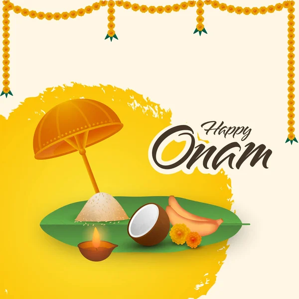 Happy Onam Schrift Mit Olakkuda Regenschirm Sadhya Food Lit Öllampe — Stockvektor