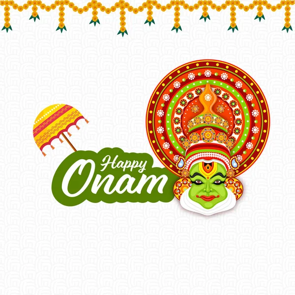 Sticker Style Happy Onam Font Con Kathakali Dancer Face Ombrello — Vettoriale Stock