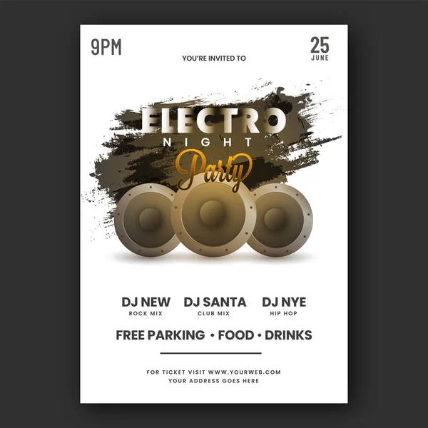 Electro Night Party Flyer Σχεδιασμός Woofers Μαύρο Brush Επίδραση Λευκό — Διανυσματικό Αρχείο