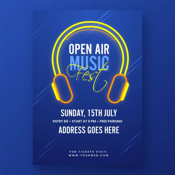 Open Air Music Fest Запрошує Картку Навушниками Подробицями Події Синьому — стоковий вектор